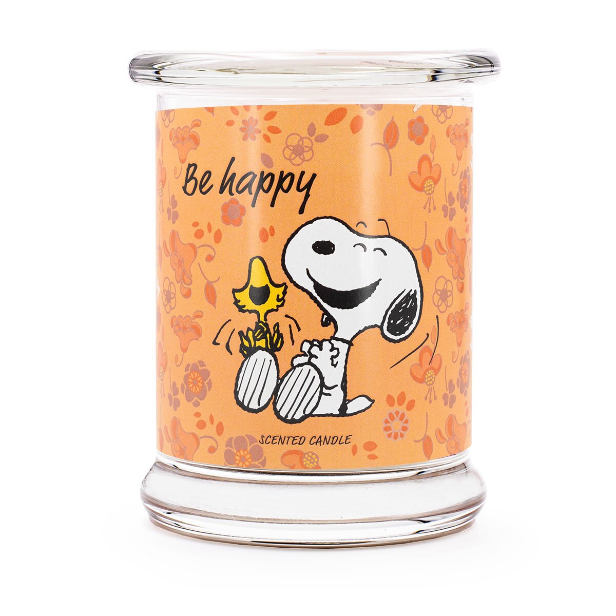 Peanuts Duftkerze ‚Be happy‘ (250g) – Vorderseite der offiziellen Lizenzkerze mit dem lachenden Snoopy und Woodstock auf orangenem Hintergrund – perfekte Geschenkidee und dekoratives Highlight