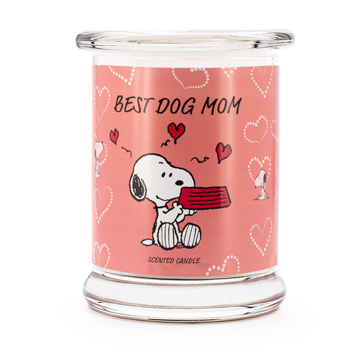 Peanuts Duftkerze ‚Best Dog Mom‘ (250g) – Vorderseite der offiziellen Lizenzkerze im liebevollen Design mit Snoopy, der ein Geschenk öffnet, rosa Hintergrund mit Herzen – perfekte Geschenkidee Hundeliebhaberinnen und Mütter.