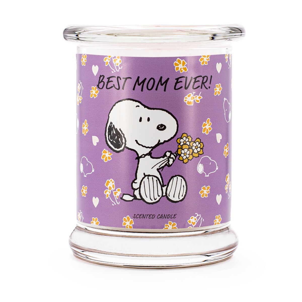 Peanuts Duftkerze ‚Best Mom ever‘ (250g) – Vorderseite der offiziellen Lizenzkerze  mit Snoopy mit einem Blumenstrauß, auf einem lila Hintergrund – perfekt als Muttertagsgeschenk.
