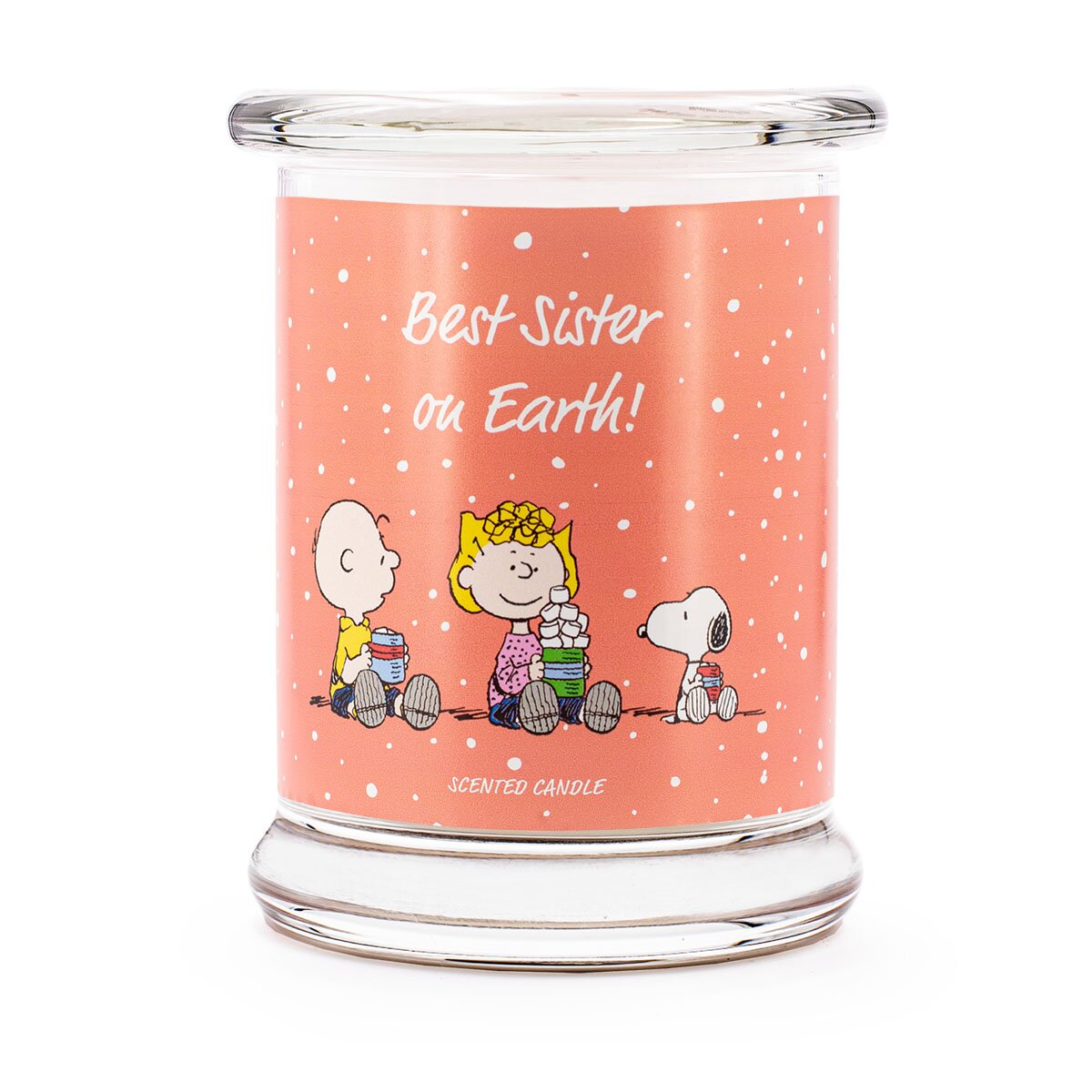 Peanuts Duftkerze ‚Best Sister on Earth!‘ (250g) – Vorderseite der offiziellen Lizenzkerze  mit Charlie Brown, Sally Brown und Snoopy auf orangenem Hintergrund – perfekte Geschenkidee für Schwestern und Freundinnen.