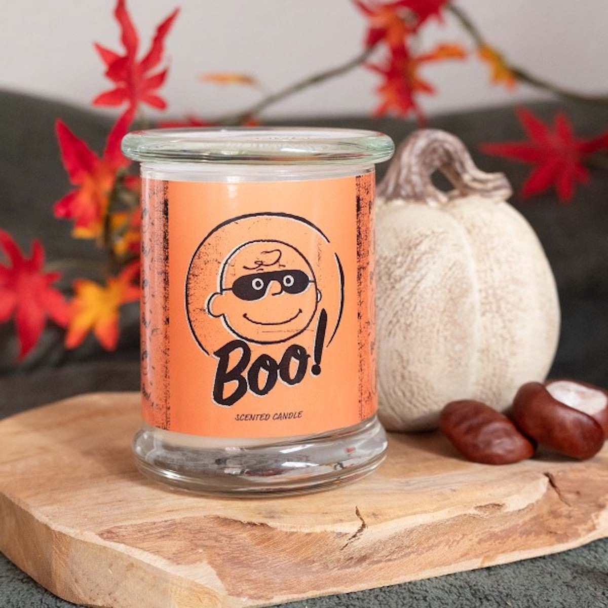 Peanuts Duftkerze ‚Boo‘ (250g) – Moodbild der offiziellen Lizenzkerze mit herbstlicher Dekoration – dekorative Duftkerze im Glas mit Charlie Brown Motiv für gemütliche Herbststimmung.