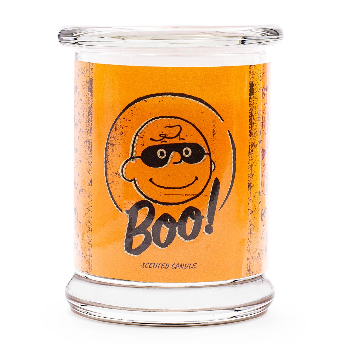 Peanuts Duftkerze ‚Boo‘ (250g) – Vorderseite der offiziellen Lizenzkerze  im Halloween-Design mit Charlie Brown auf orangenem Hintergrund – perfekte herbstliche Deko oder Geschenkidee.
