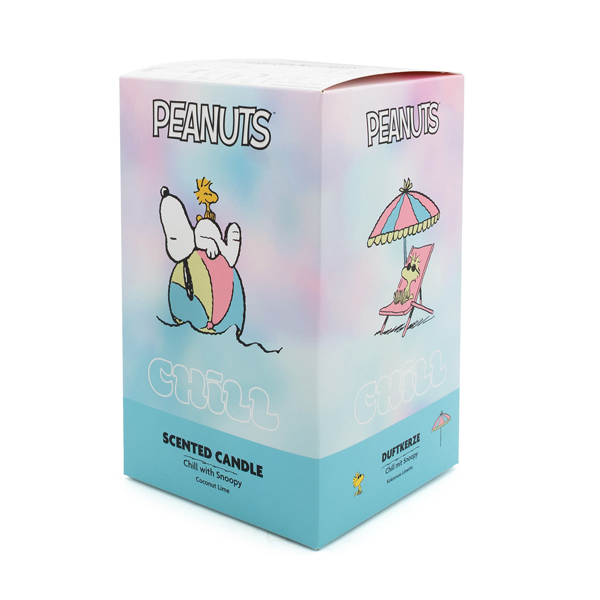 Sommerlicher Geschenkkarton der blauen Peanuts Duftkerze mit Snoopy & Woodwick als Figur auf dem Kerzendeckel.
