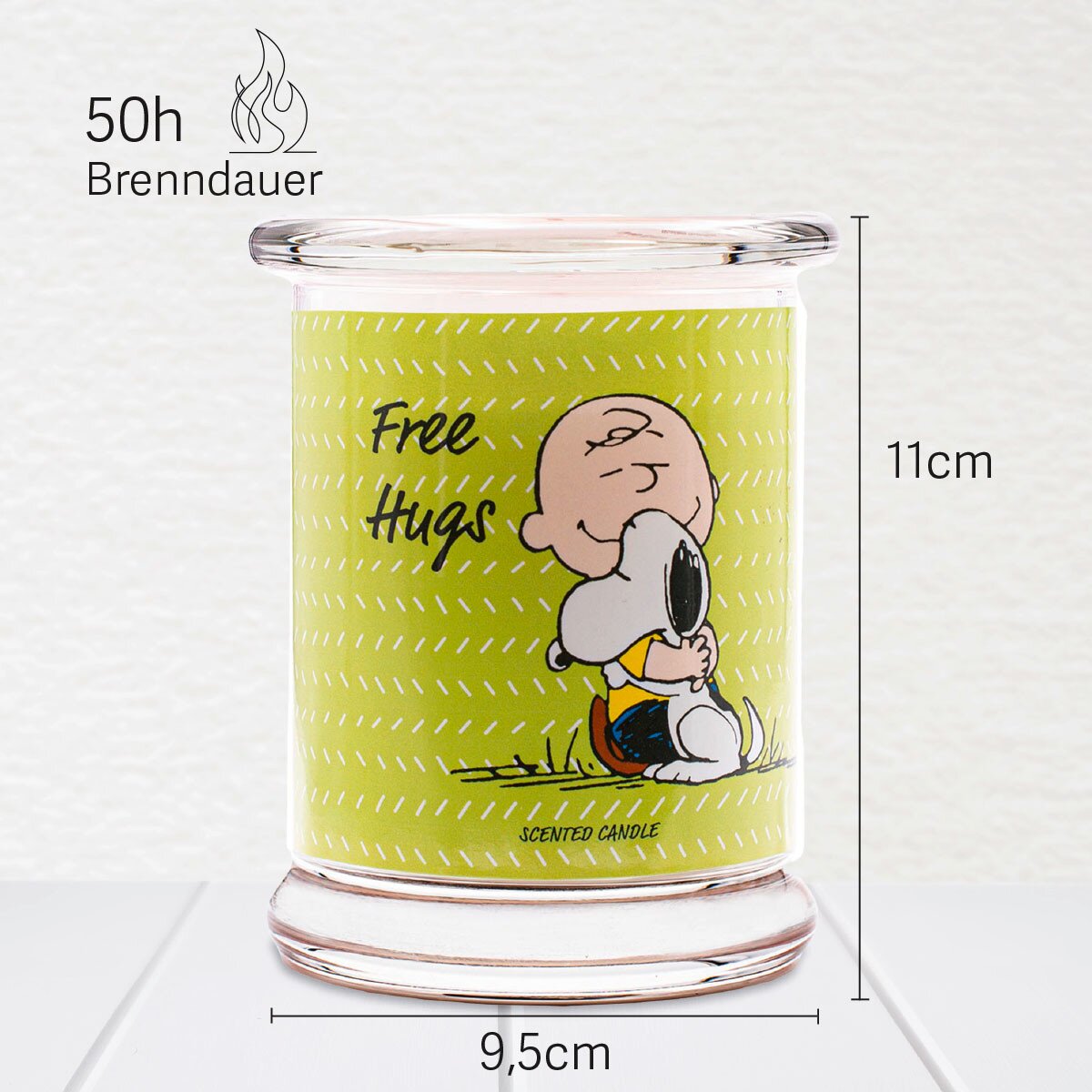 Peanuts Duftkerze ‚Free Hugs' (250g) im Glas - 11cm hoch, 9,5cm breit. Offizielle Lizenzkerze mit 50h Brenndauer, angenehmer Duft und liebevolles Peanuts-Design. Veganes Wohnaccessoire oder Geschenkidee.