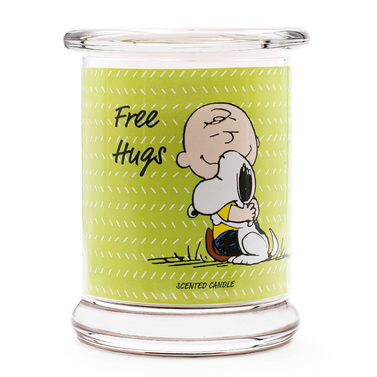Peanuts Duftkerze ‚Free Hugs‘ (250g) – Vorderseite der offiziellen Lizenzkerze mit Charlie Brown, der seinen Freund Snoopy umarmt, auf grünem Hintergrund – perfekte Geschenkidee als Dankeschön und für Freunde.
