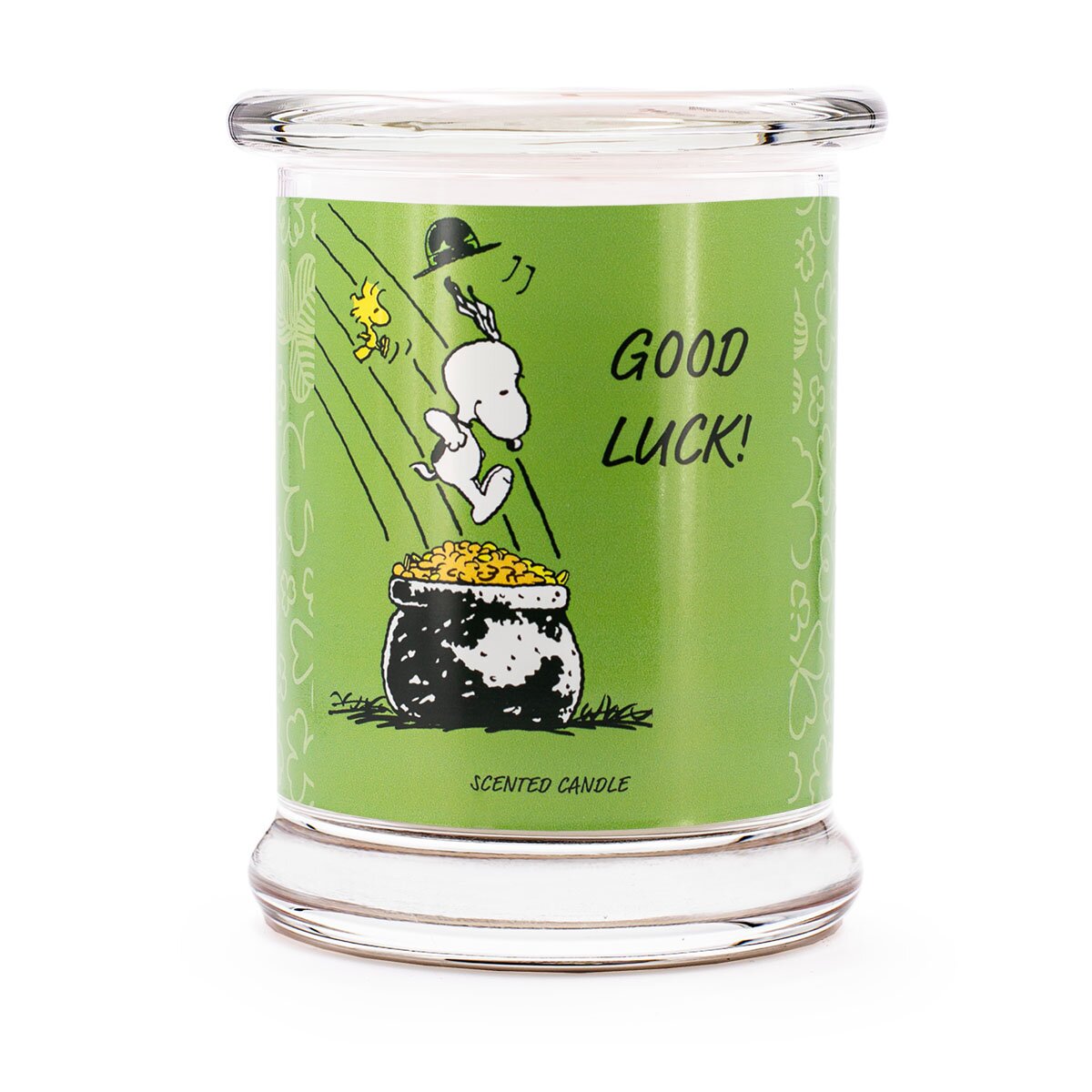 Peanuts Duftkerze ‚Good Luck‘ (250g) – Vorderseite der offiziellen Lizenzkerze mit Snoopy & Woodstock, die in einen Kessel voller Geld springen, auf grünem Hintergrund – perfekte Geschenkidee um viel Glück zu wünschen.