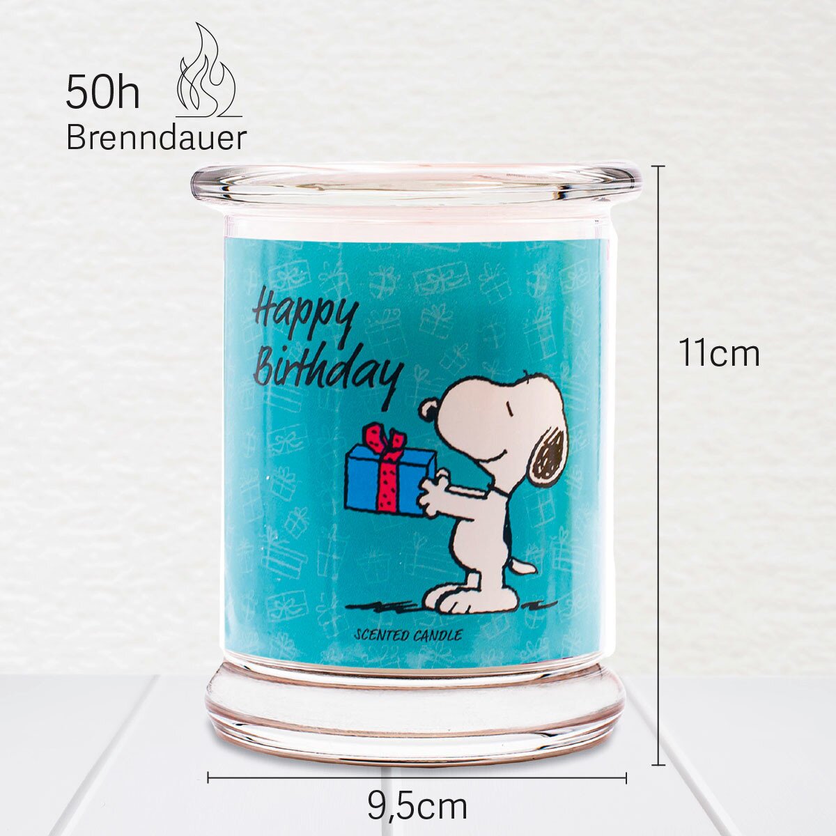 Peanuts Duftkerze ‚Happy Birthday' (250g) im Glas - 11cm hoch, 9,5cm breit. Offizielle Lizenzkerze mit 50h Brenndauer, angenehmer Duft und liebevolles Peanuts-Design. Veganes Wohnaccessoire oder Geschenkidee.