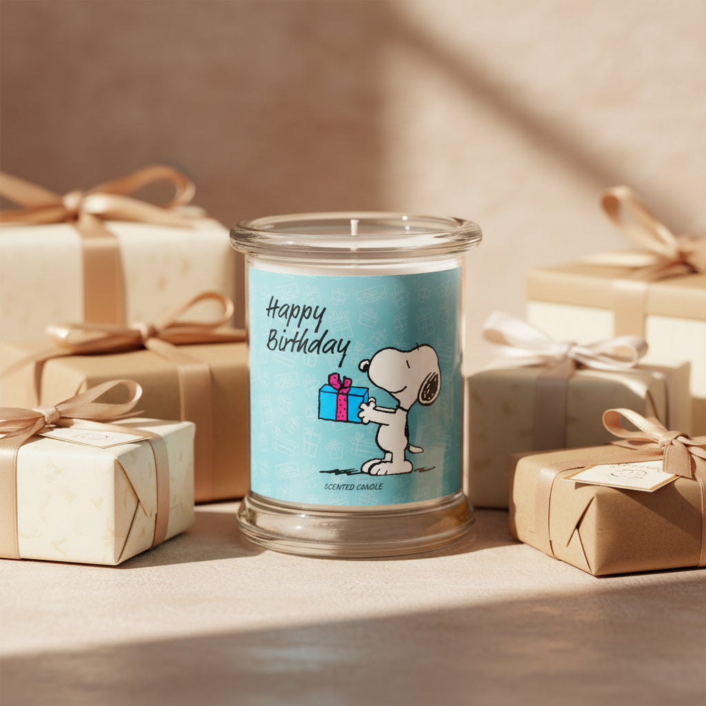 Peanuts Duftkerze ‚Happy Birthday‘ (250g) mit Snoopy als Geschenkdesign, strahlend in der Sonne, umgeben von vielen Geschenken – offiziell lizenzierte Kerze.