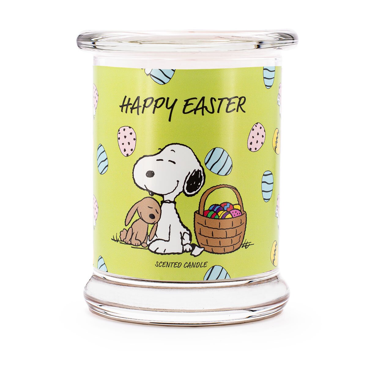 Peanuts Duftkerze ‚Happy Easter‘ (250g) – Vorderseite der offiziellen Lizenzkerze im Oster-Design mit Snoopy, dem Osterhasen und Ostereiern auf grünem Hintergrund – perfekte Osterdeko oder Geschenkidee.