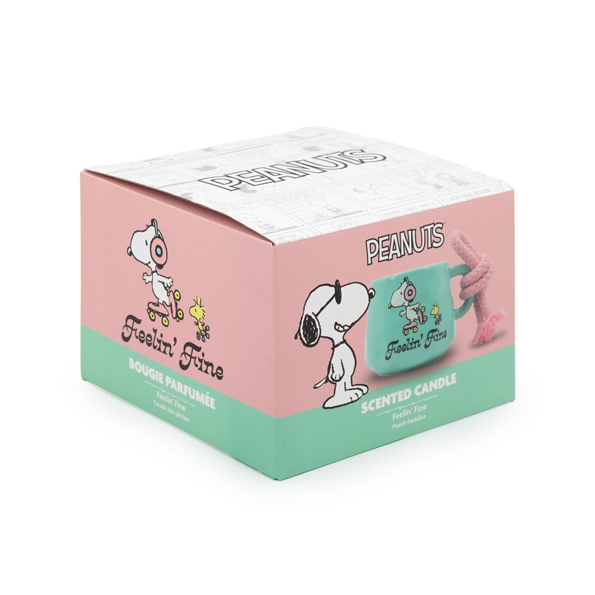 Peanuts-Duftkerze Feeling Fine (200g) in türkisen Keramiktasse, stehend in offiziellem Geschenkkarton. Als Motiv ist Snoopy und Woodwick zusammen auf Rollschuhen abgebildet.