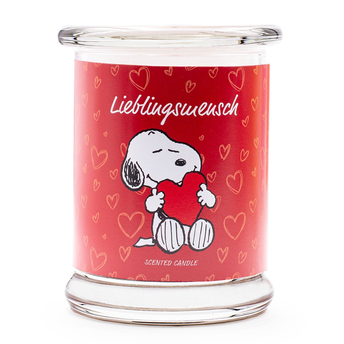 Peanuts Duftkerze ‚Lieblingsmensch‘ (250g) – Vorderseite der offiziellen Lizenzkerze im liebevollem Design mit Snoopy auf rotem Herz-Hintergrund – perfekte Geschenkidee zum Valentinstag.