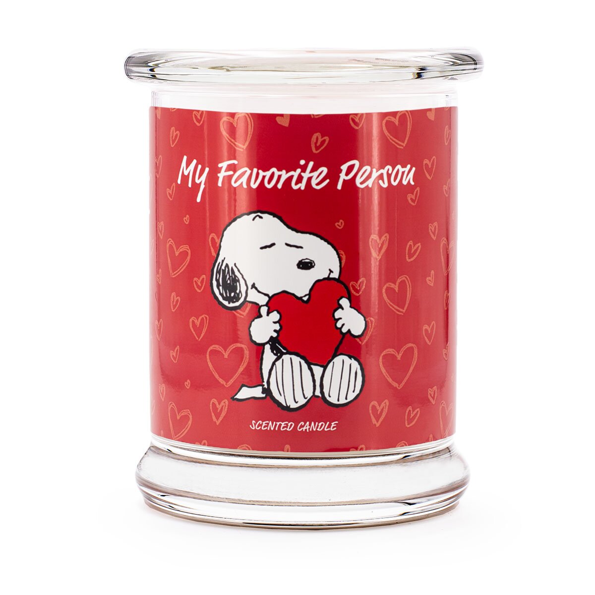 Peanuts Duftkerze ‚My favorite Person‘ (250g) – Vorderseite der offiziellen Lizenzkerze im liebevollem Design mit Snoopy auf rotem Herz-Hintergrund – perfekte Geschenkidee zum Valentinstag oder Vater-/ Muttertag.