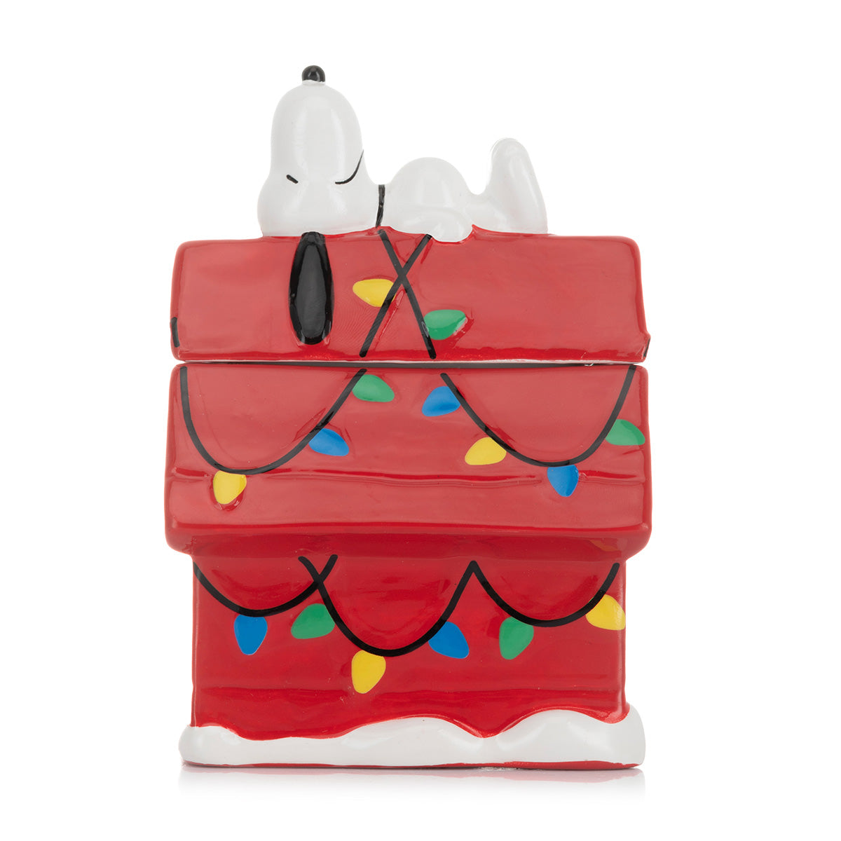 Rote Peanuts Duftkerze aus Keramik in Form von Snoopys Hundehütte mit weihnachtlicher Girlande und liegendem Snoopy auf dem Dach.