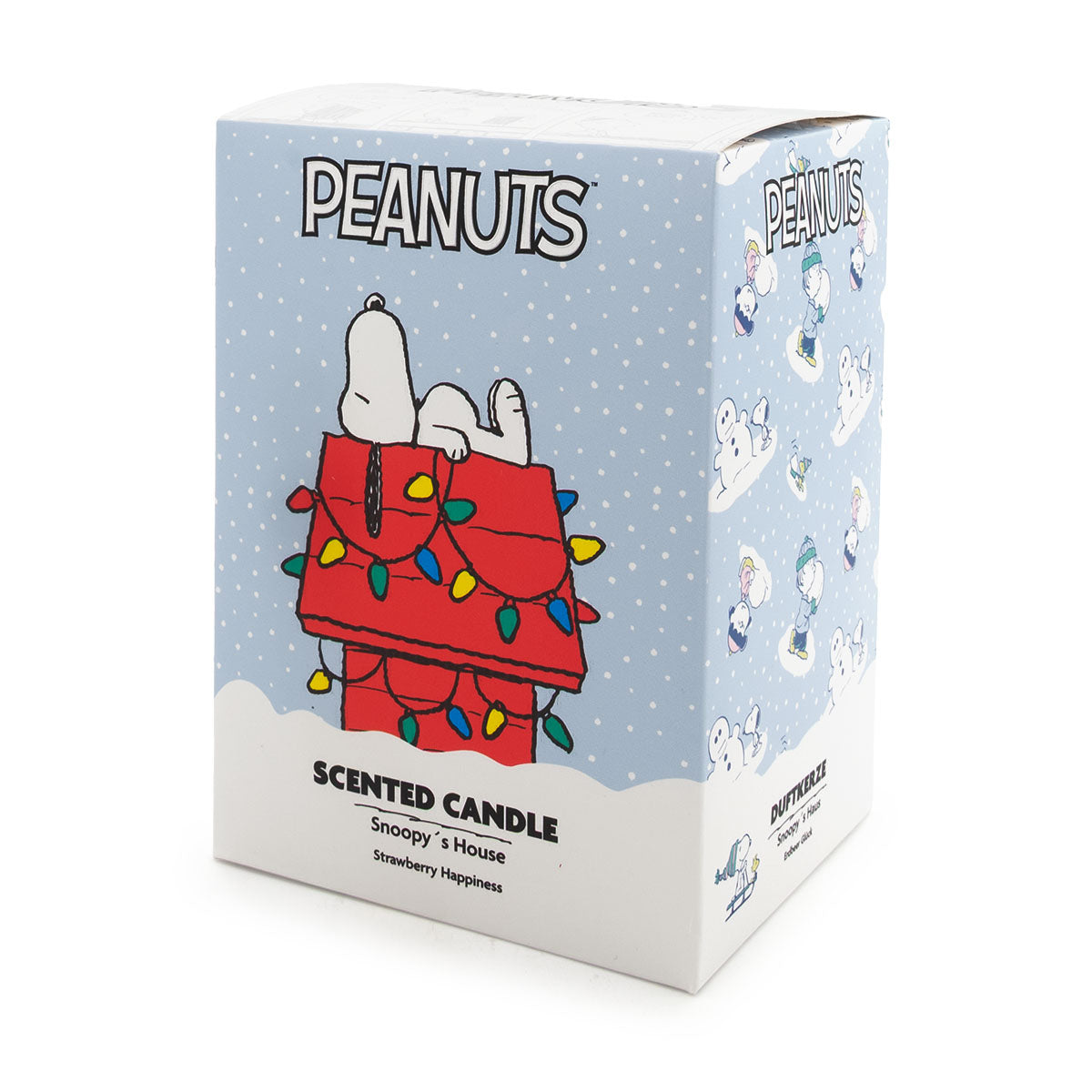 Weihnachtliche Geschenkkarton der roten Peanuts Duftkerze im Snoopy's House Keramik-Design mit liegendem Snoopy auf dem Dach.