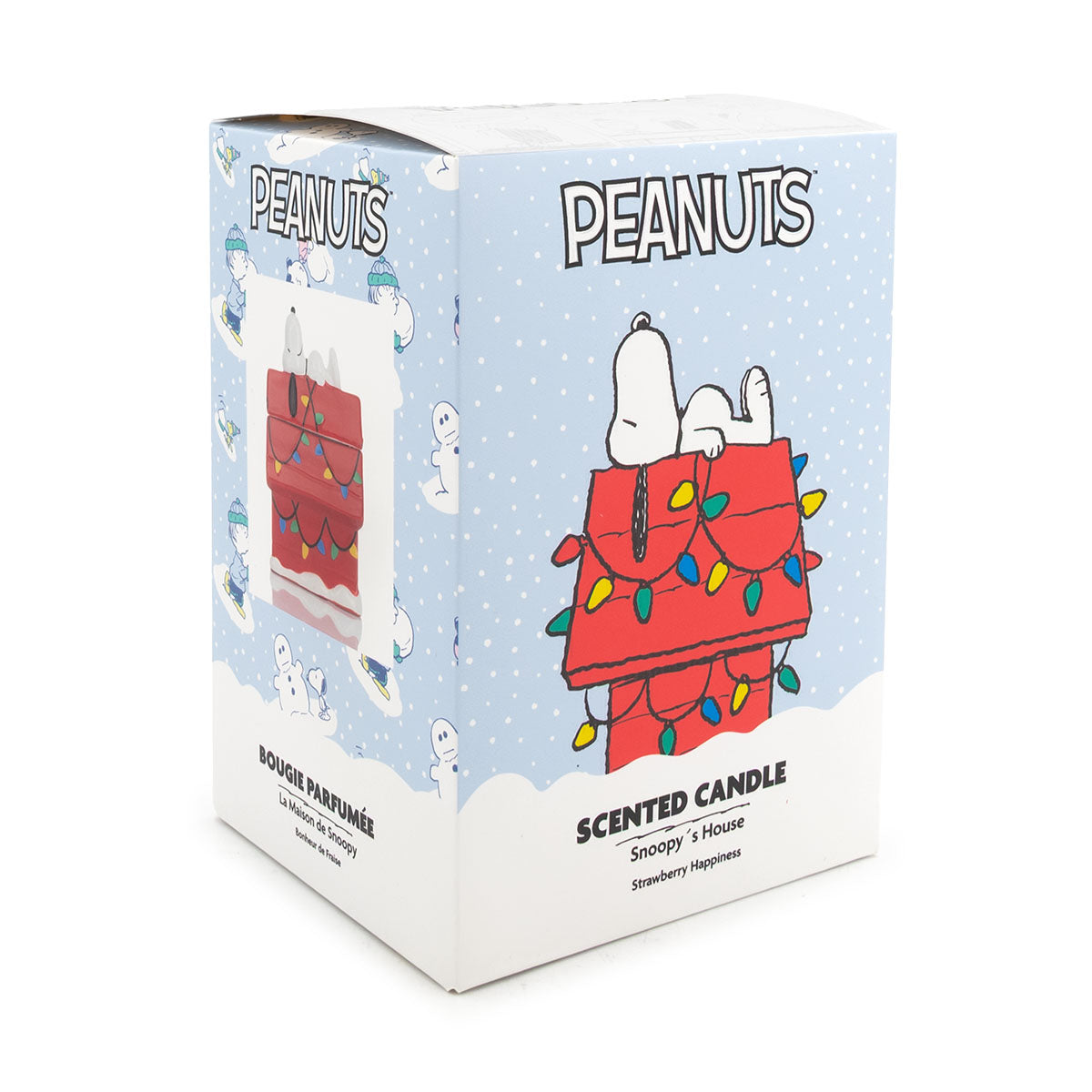 Seitliche Ansicht der weihnachtlichen Geschenkverpackung der roten Peanuts Duftkerze im Snoopy's House Keramik-Design mit liegendem Snoopy auf dem Dach.
