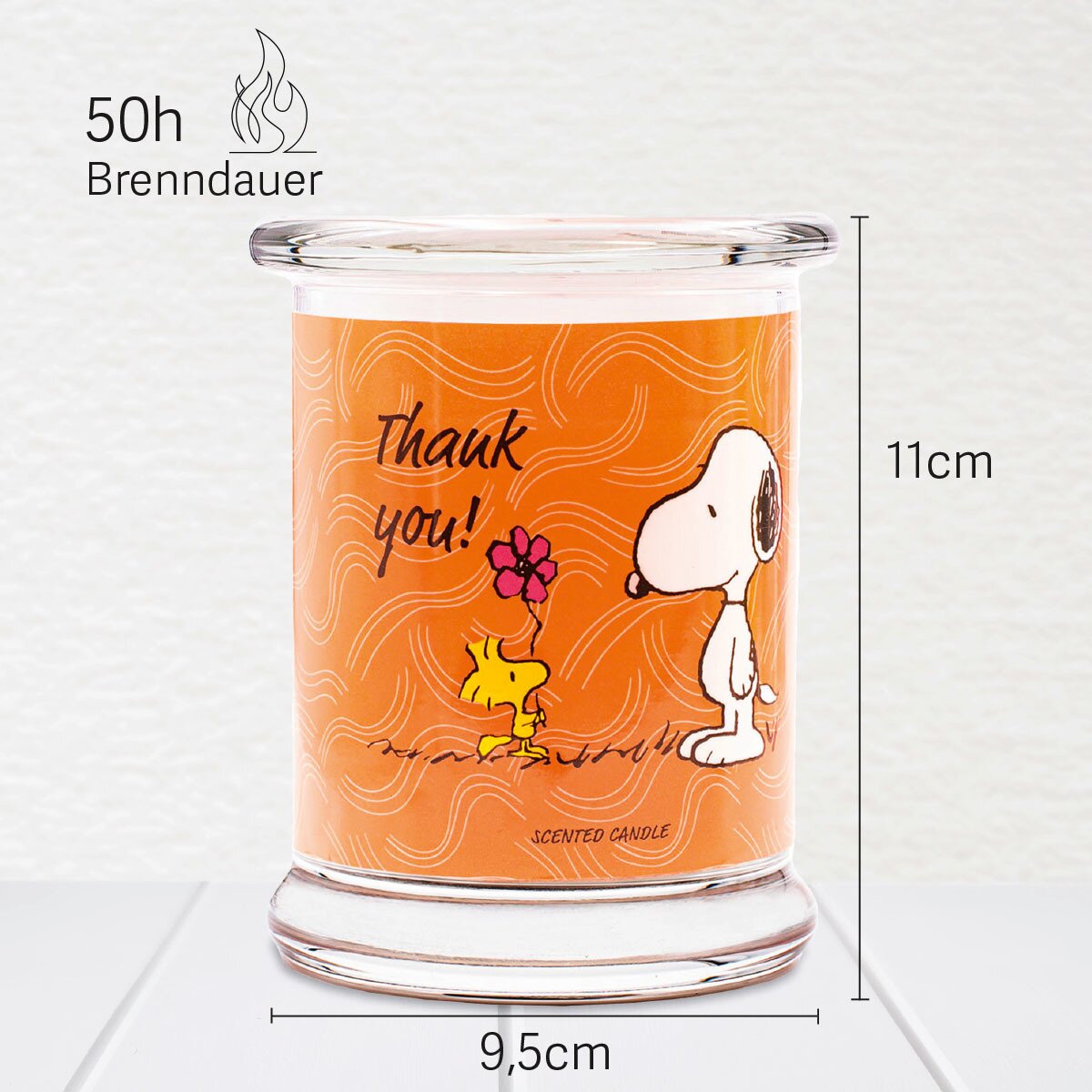 Peanuts Duftkerze ‚Thank you' (250g) im Glas - 11cm hoch, 9,5cm breit. Offizielle Lizenzkerze mit 50h Brenndauer, angenehmer Duft und liebevolles Peanuts-Design. Veganes Wohnaccessoire oder Geschenkidee.