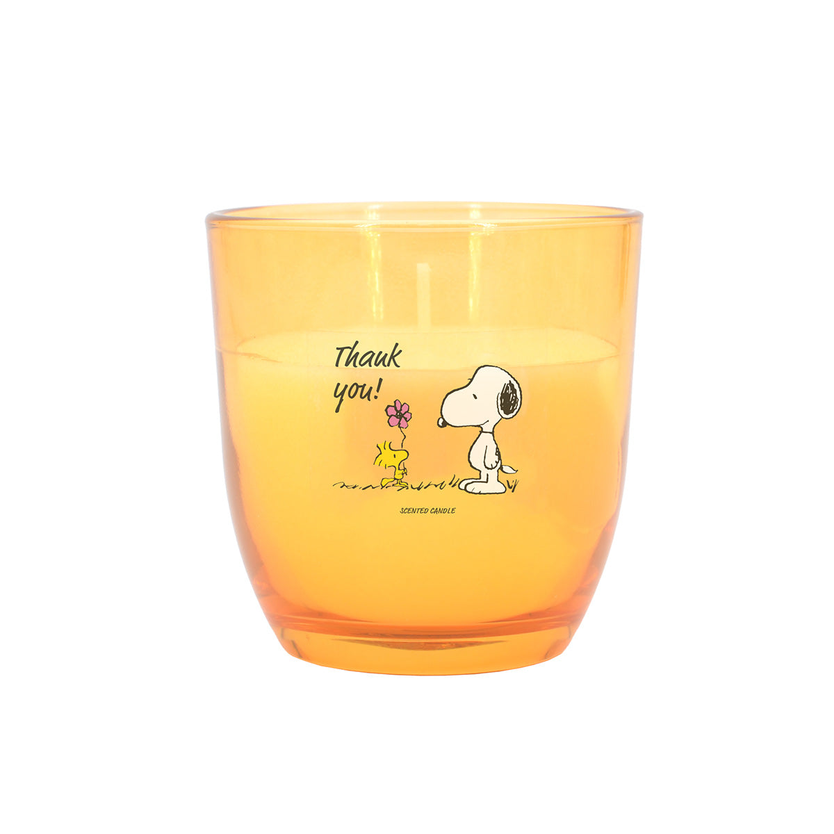 Peanuts Duftkerze ‚Thank you‘ (100g) – Vorderseite der offiziellen Lizenzkerze mit Woodwick der Snoopy eine Blume schenkt, auf orangenem Hintergrund – perfektes Geschenk als Dankeschön.