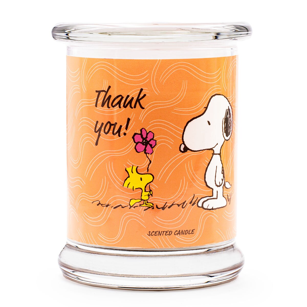 Peanuts Duftkerze ‚Thank you‘ (250g) – Vorderseite der offiziellen Lizenzkerze mit Woodwick der Snoopy eine Blume schenkt, auf orangenem Hintergrund – perfektes Geschenk als Dankeschön.