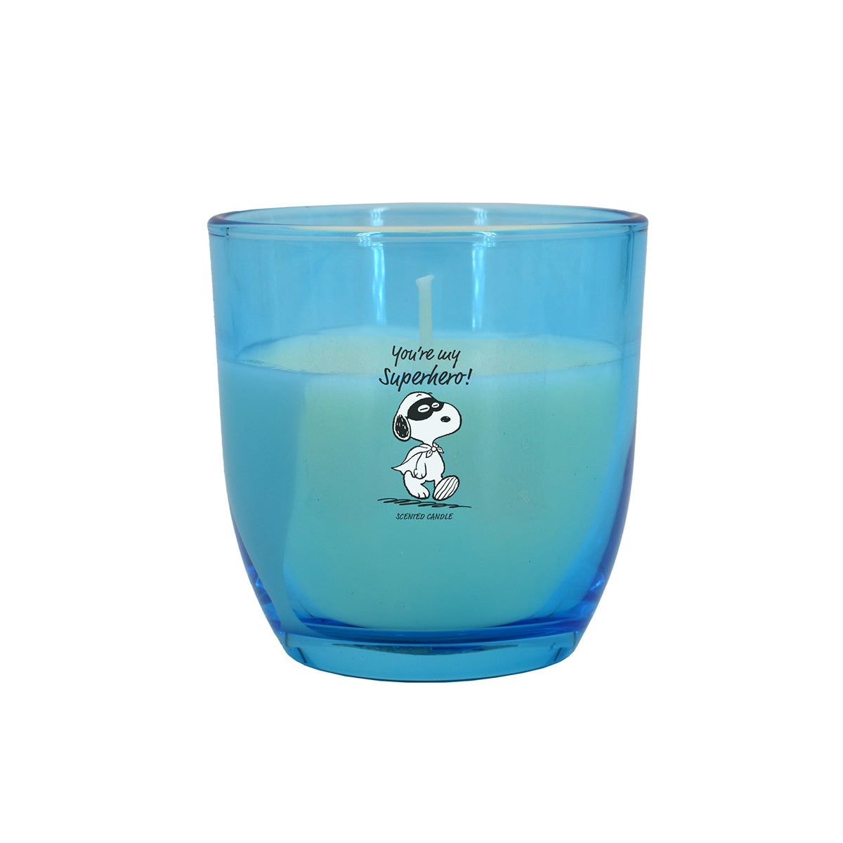 Peanuts Duftkerze ‚You're my superhero!‘ (100g) – Vorderseite der offiziellen Lizenzkerze mit Snoopy als Superheld auf einem bauen Hintergrund – perfekte Geschenkidee zum Vatertag oder Muttertag.