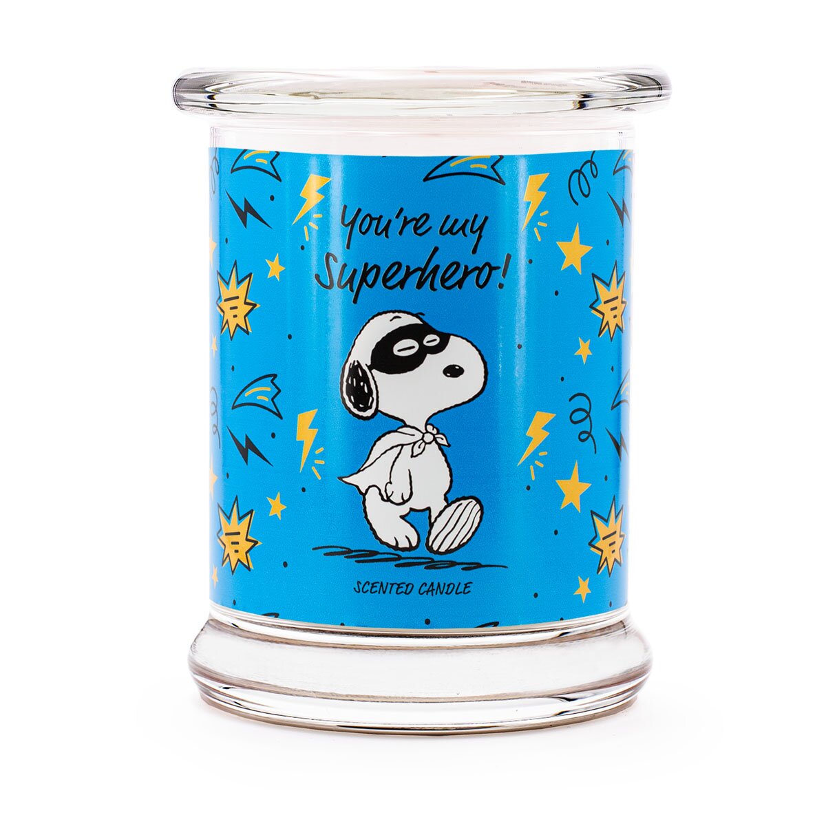 Peanuts Duftkerze ‚You're my superhero!‘ (250g) – Vorderseite der offiziellen Lizenzkerze mit Snoopy als Superheld auf einem bauen Hintergrund – perfekte Geschenkidee zum Vatertag oder Muttertag.