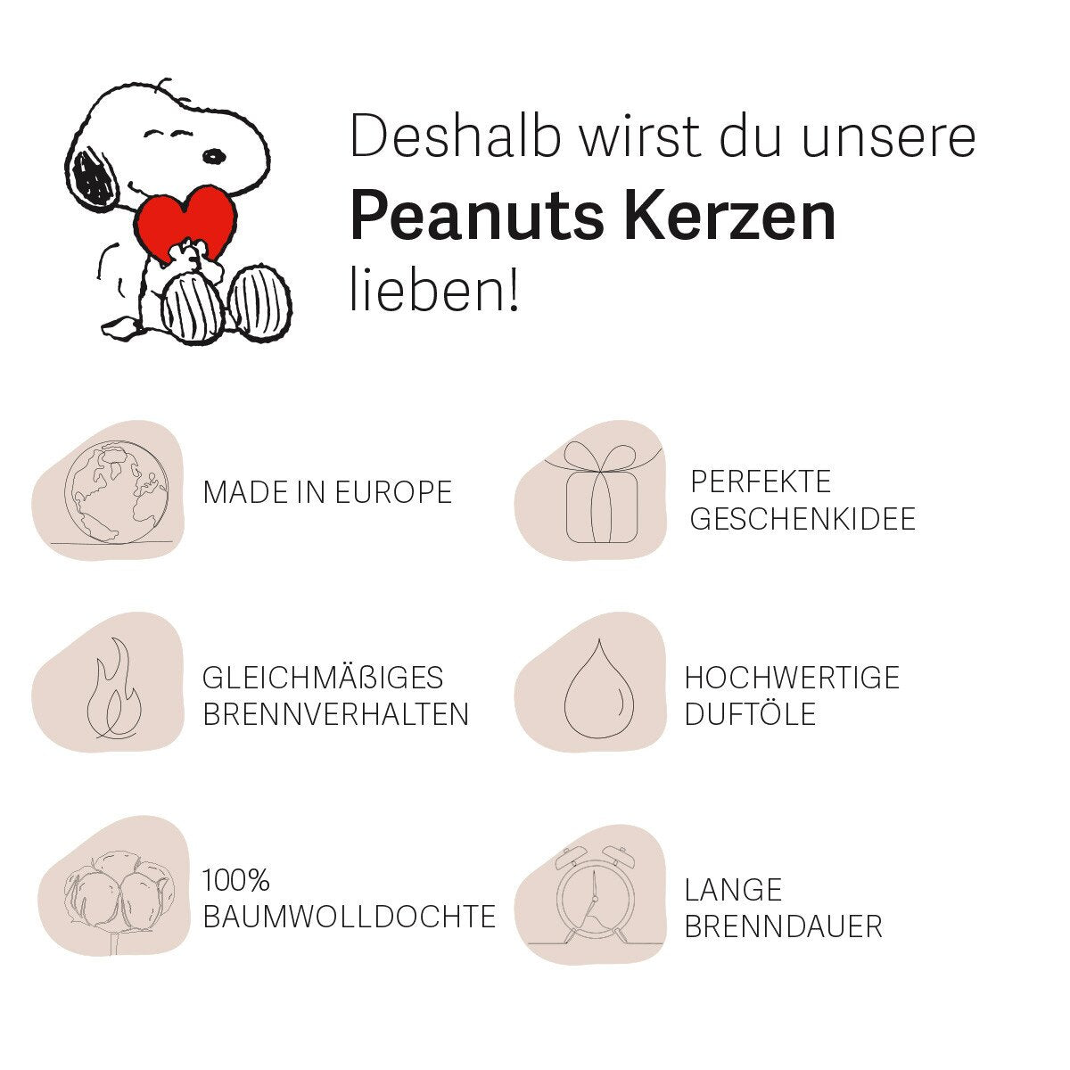 Peanuts Duftkerzen im Glas - Made in Europe mit hochwertigen Duftölen & 100% Baumwolldocht. Exklusive Lizenzkerzen mit langer Brenndauer und gleichmäßiger Flamme. Originelle Geschenkidee für Snoopy-Fans, besondere Anlässe oder romantische/freundschaftliche Momente.