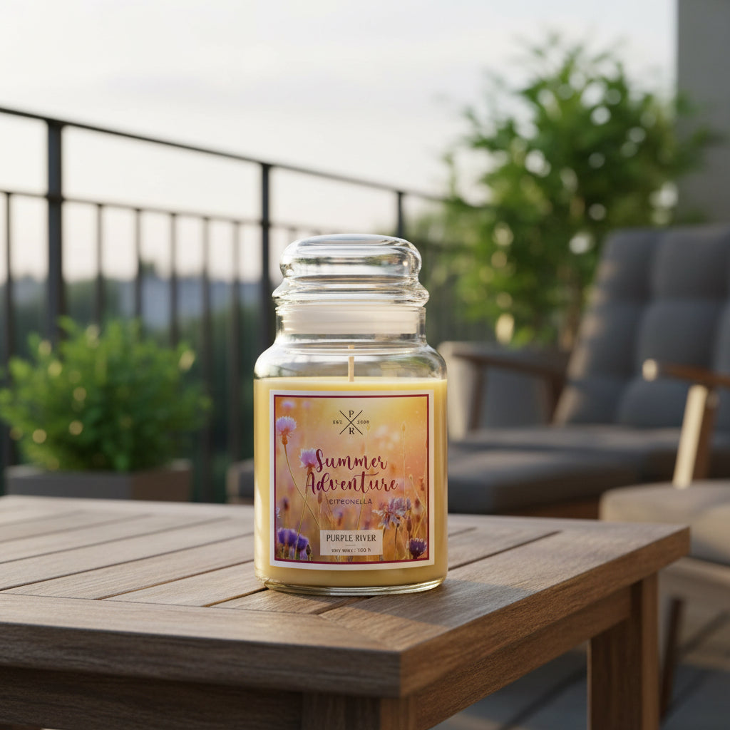 Große vegane Sojawachs-Duftkerze von Purple River im Glas mit gelbem Wachs auf Holztisch auf einem Balkon an einem Sommerabend, 623 g, extralange 140 Stunden Brenndauer, natürlicher Insektenschutz, stilvolle Deko und Wellness-Geschenk, hergestellt in Deutschland.