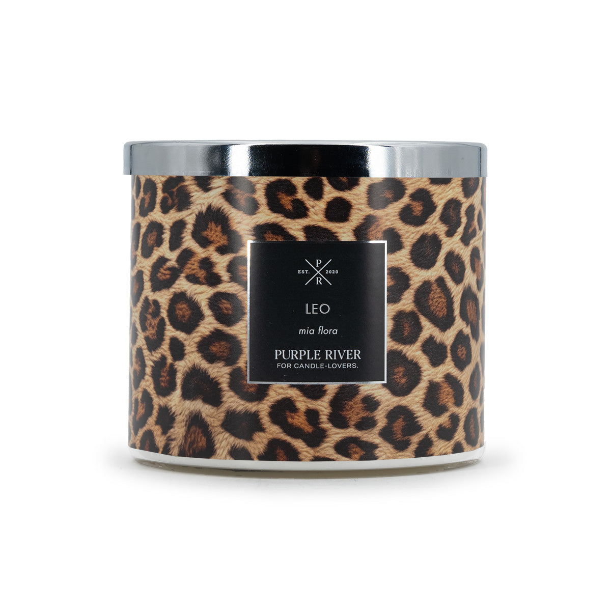  Purple River Naturwachs-Duftkerze (400g) mit Leoparden-Muster im Glas – vegane Luxuskerze mit 60h Brenndauer.