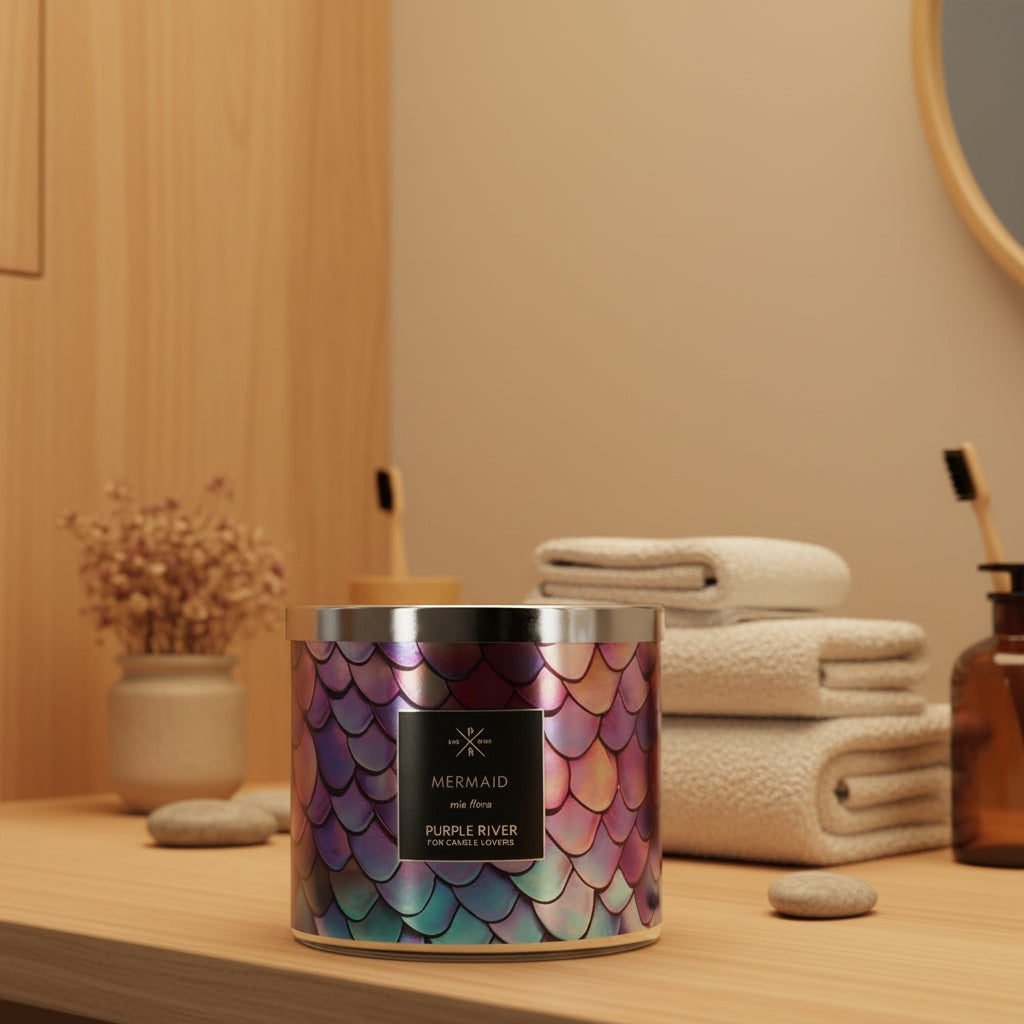 Purple River Meerjungfrauen-Duftkerze (400g) im Badezimmer-Ambiente: Vegane Naturwachs-Kerze im Glas mit 60h Brenndauer.
