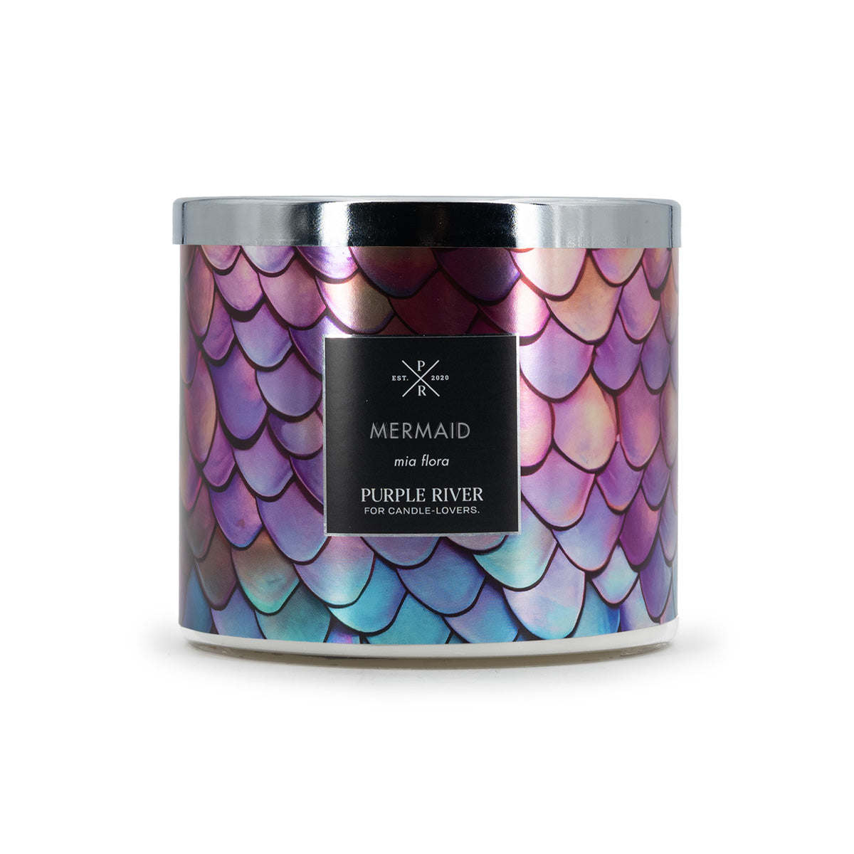  Purple River Naturwachs-Duftkerze (400g) mit Meerjungfrauen-Muster im Glas – vegane Luxuskerze mit 60h Brenndauer.