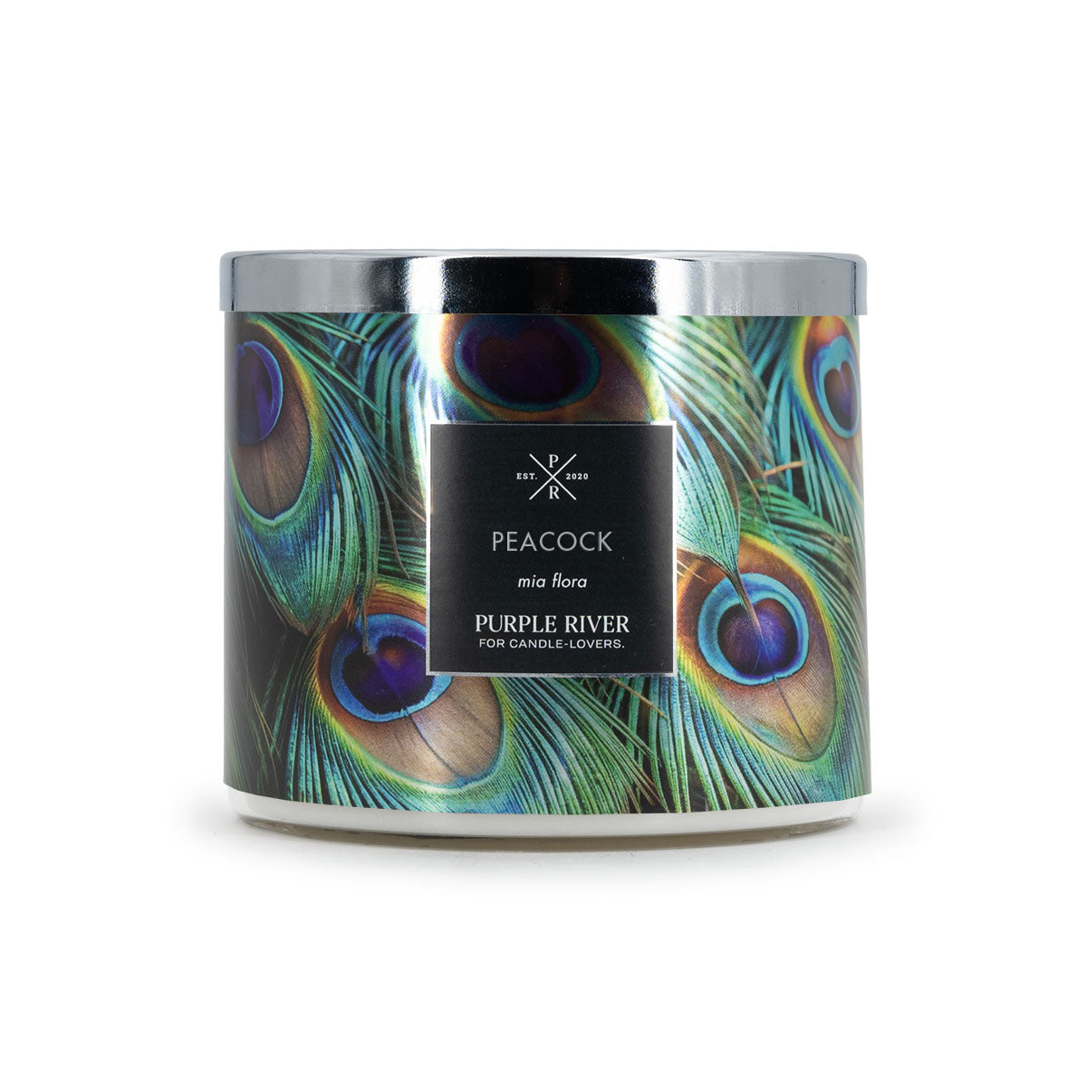 Purple River Pfau-Duftkerze (400g): Stilvolle & dekorative Naturwachs-Kerze im Glas mit 60h Brenndauer.