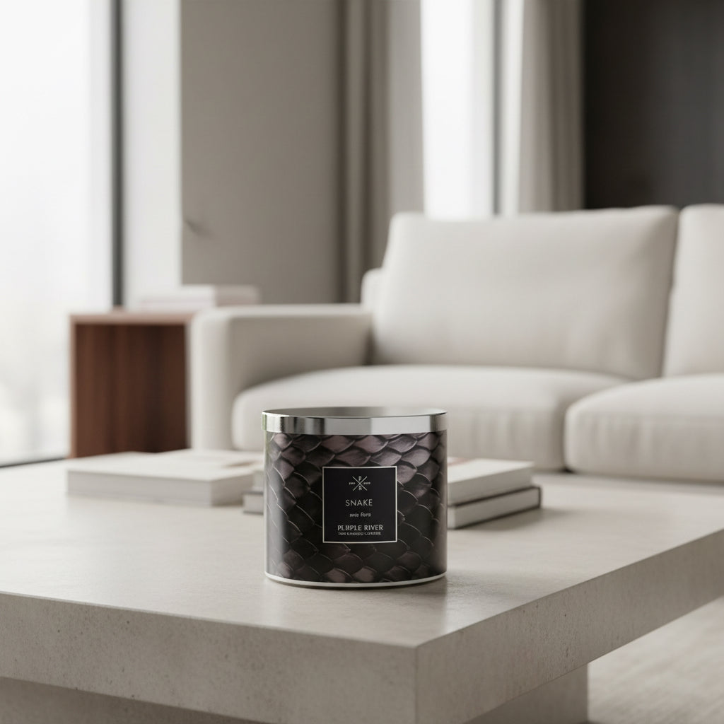 Purple River Schlangen-Duftkerze (400g) im Wohnzimmer-Ambiente: Vegane Naturwachs-Kerze im Glas mit 60h Brenndauer.