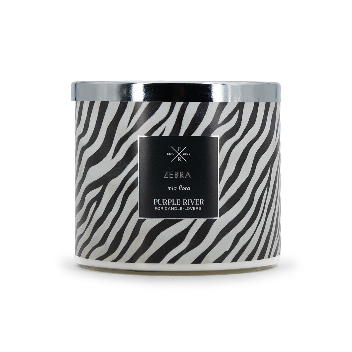 Purple River Zebra-Duftkerze (400g): Stilvolle & dekorative Naturwachs-Kerze im Glas mit 60h Brenndauer.