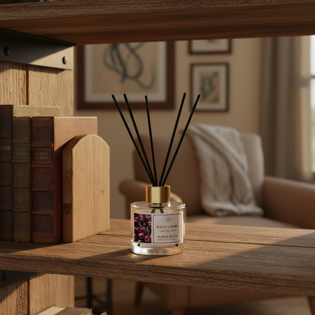 Purple River Raumduft (100 ml) mit schwarzen Schilfstäbchen und goldener Kappe in einem Bücherregal vor einer gemütlichen Leseecke; hochwertiger Duft mit bis zu 6 Wochen Duftdauer, ideal als stilvolle Deko und luxuriöses Wellness-Geschenk, gefertigt in Deutschland.