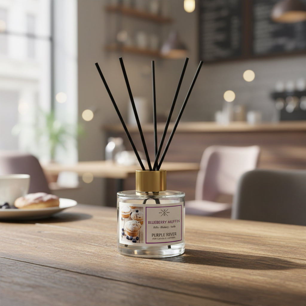 Purple River Raumduft (100 ml) mit schwarzen Schilfstäbchen und goldener Kappe in einem gemütlichen Café, auf einem Holztisch zusammen mit Leckereien arrangiert; hochwertiger Duft mit bis zu 6 Wochen Duftdauer, ideale stilvolle Dekoration und luxuriöses Wellness-Geschenk, gefertigt in Deutschland.