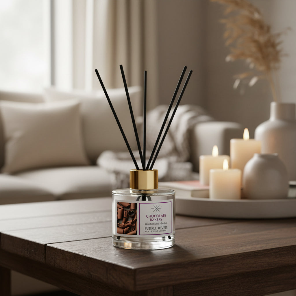 Purple River Raumduft (100 ml) mit schwarzen Schilfstäbchen und goldener Kappe in einem stilvoll eingerichteten Wohnzimmer, mit brennenden Kerzen und einem gemütlichen Sofa; hochwertiger Duft mit bis zu 6 Wochen Duftdauer, ideal als stilvolle Dekoration und luxuriöses Wellness-Geschenk, gefertigt in Deutschland.