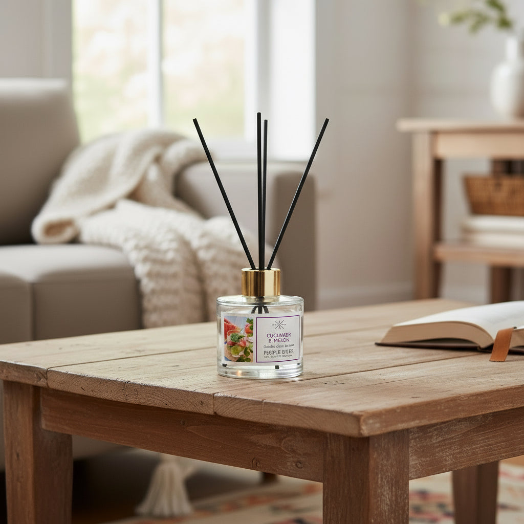 Purple River Raumduft (100 ml) mit schwarzen Schilfstäbchen und goldener Kappe auf einem Holztisch in einem gemütlichen Wohnzimmer, mit Sofa, Kuscheldecke und einem Buch; hochwertiger Duft mit bis zu 6 Wochen Duftdauer, ideal als stilvolle Dekoration und luxuriöses Wellness-Geschenk, gefertigt in Deutschland.