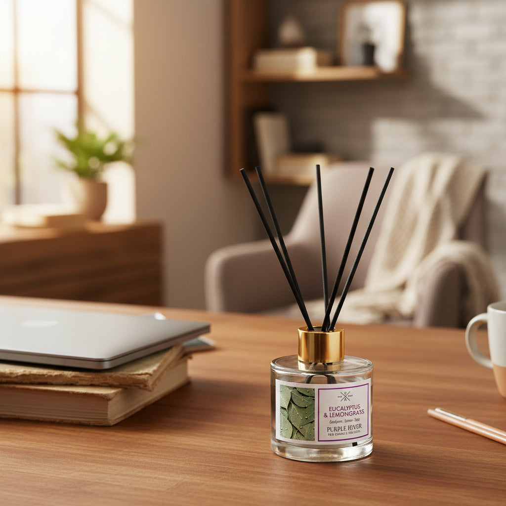 Purple River Raumduft (100 ml) mit schwarzen Schilfstäbchen und goldener Kappe in einem stilvollen Arbeitszimmer, neben einem zugeklappten Laptop, einer Kaffeetasse und einer Grünpflanze; hochwertiger Duft mit bis zu 6 Wochen Duftdauer, ideal als stilvolle Dekoration und luxuriöses Wellness-Geschenk, gefertigt in Deutschland.