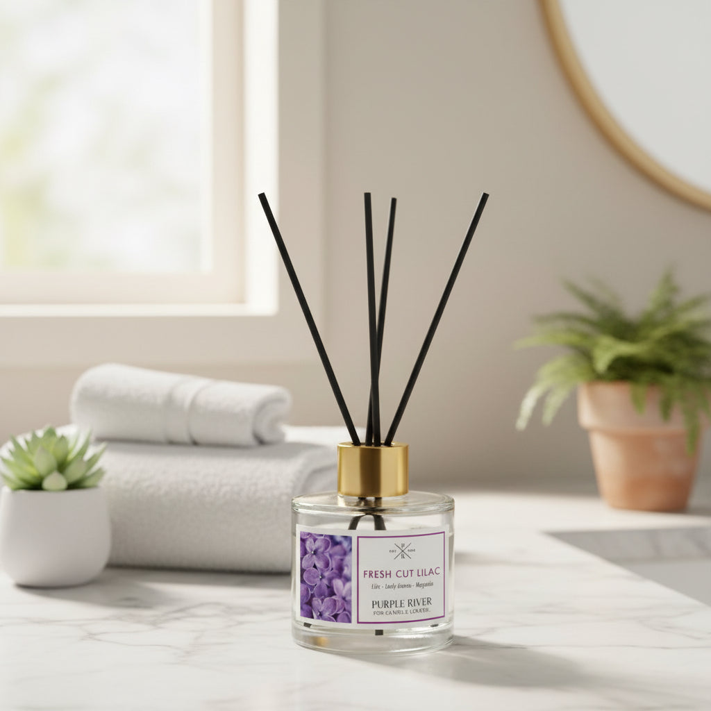 Purple River Raumduft (100 ml) mit schwarzen Schilfstäbchen und goldener Kappe auf einem Waschbecken in einem stilvollen Badezimmer, neben Handtüchern und Pflanzen; hochwertiger Duft mit bis zu 6 Wochen Duftdauer, ideal als stilvolle Dekoration und luxuriöses Wellness-Geschenk, gefertigt in Deutschland.
