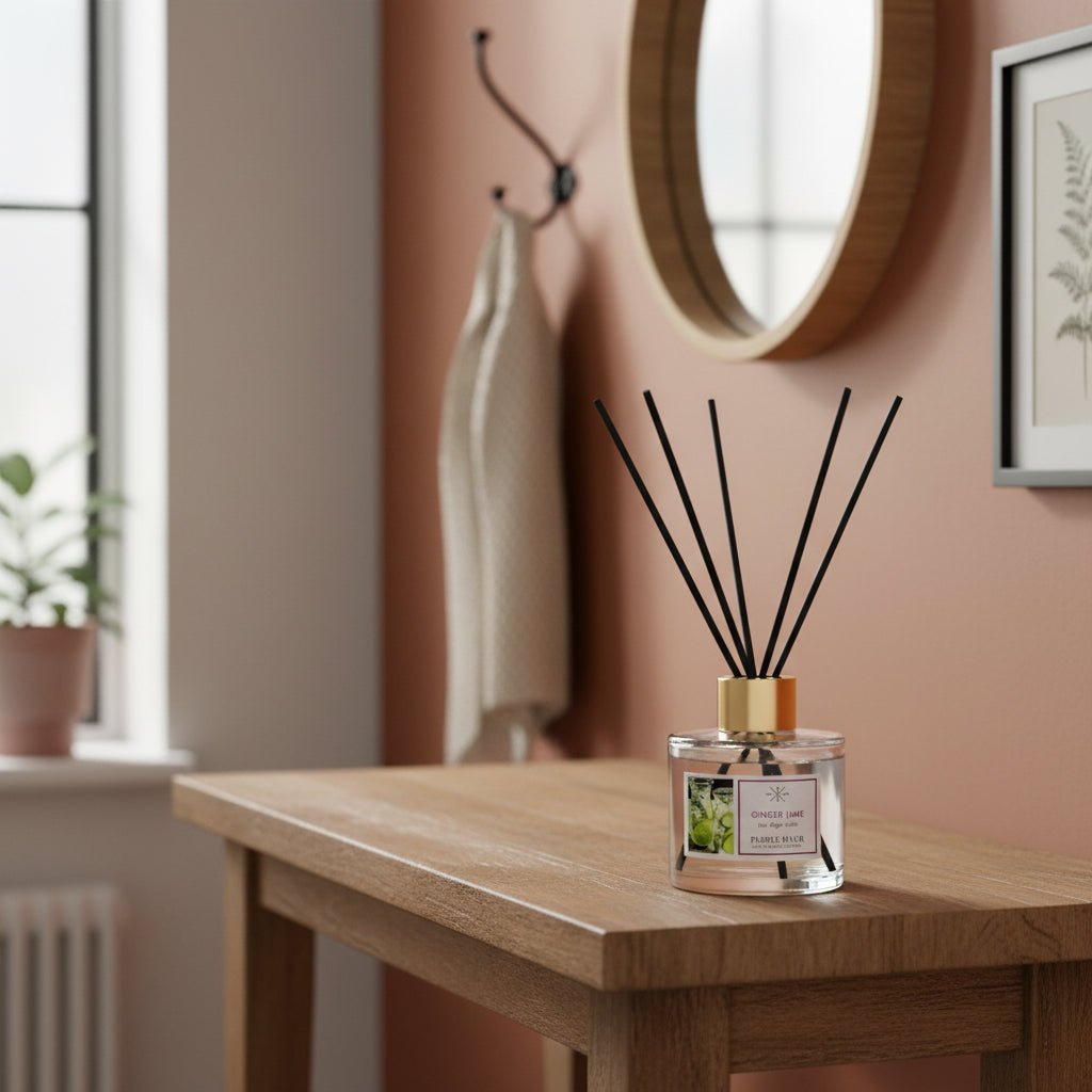 Purple River Raumduft (100 ml) mit schwarzen Schilfstäbchen und goldener Kappe auf einem Holztisch in einem stilvollen Flur, mit Spiegel, Jacke, Bild und Grünpflanze im Hintergrund; hochwertiger Duft mit bis zu 6 Wochen Duftdauer, ideal als stilvolle Dekoration und luxuriöses Wellness-Geschenk, gefertigt in Deutschland.