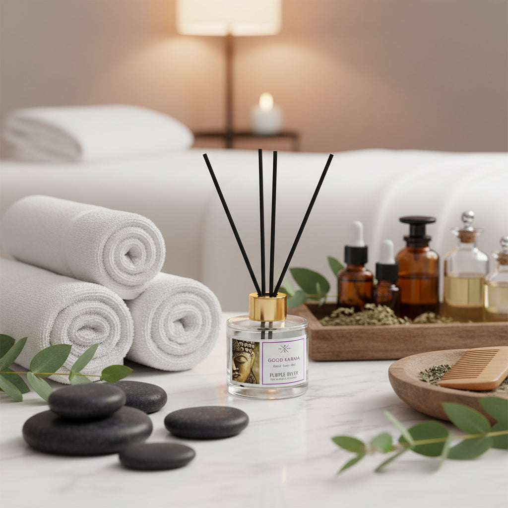 Purple River Raumduft (100 ml) mit schwarzen Schilfstäbchen und goldener Kappe in einem Wellnessbereich, umgeben von gerollten Handtüchern, Massageölen, Wärmesteinen und einer Massageliege; hochwertiger Duft mit bis zu 6 Wochen Duftdauer, ideal als stilvolle Dekoration und luxuriöses Wellness-Geschenk, gefertigt in Deutschland.