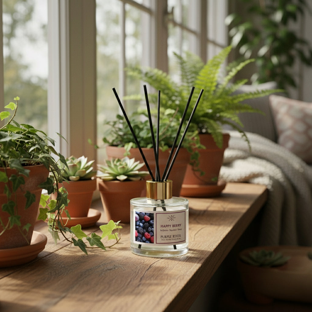 Purple River Raumduft (100 ml) mit schwarzen Schilfstäbchen und goldener Kappe auf einer Fensterbank neben zahlreichen Grünpflanzen, mit einem gemütlichen Sofa im Hintergrund; einladender, heller Raum durch große Fenster. Hochwertiger Duft mit bis zu 6 Wochen Duftdauer, ideal als stilvolle Dekoration und luxuriöses Wellness-Geschenk, gefertigt in Deutschland.