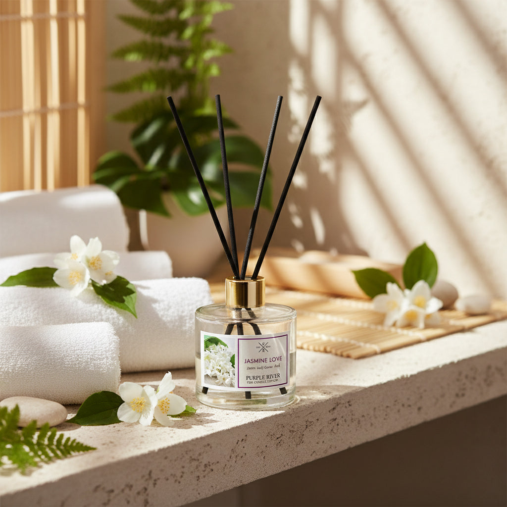 Purple River Duftstäbchen (100 ml) mit schwarzen Schilfstäbchen und goldener Kappe in einem sonnendurchfluteten Wellness-Bereich, umgeben von gerollten Handtüchern, Jasminblüten und Grünpflanzen; hochwertiger Raumduft mit bis zu 6 Wochen Duftdauer, ideal als stilvolle Dekoration und luxuriöses Wellness-Geschenk, gefertigt in Deutschland.