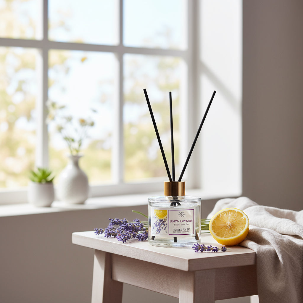 Purple River Duftstäbchen (100 ml) mit schwarzen Schilfstäbchen und goldener Kappe auf einem Holztisch in einem lichtdurchfluteten Raum, dekoriert mit Lavendel und Zitrone für eine warme und erfrischende Atmosphäre; hochwertiger Raumduft mit bis zu 6 Wochen Duftdauer, ideal als stilvolle Dekoration und luxuriöses Wellness-Geschenk, gefertigt in Deutschland.
