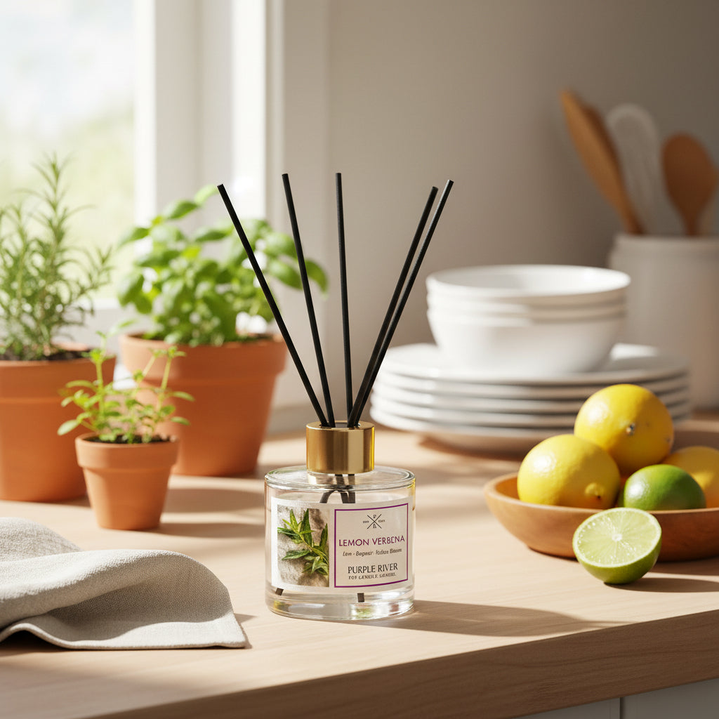 Purple River Raumduft (100 ml) mit schwarzen Schilfstäbchen und goldener Kappe in einer sommerlichen Küche, neben frischen Zitronen, Limetten, Geschirr und Kräutertöpfen; hochwertiger Duft mit bis zu 6 Wochen Duftdauer, ideal als stilvolle Dekoration und luxuriöses Wellness-Geschenk, gefertigt in Deutschland.