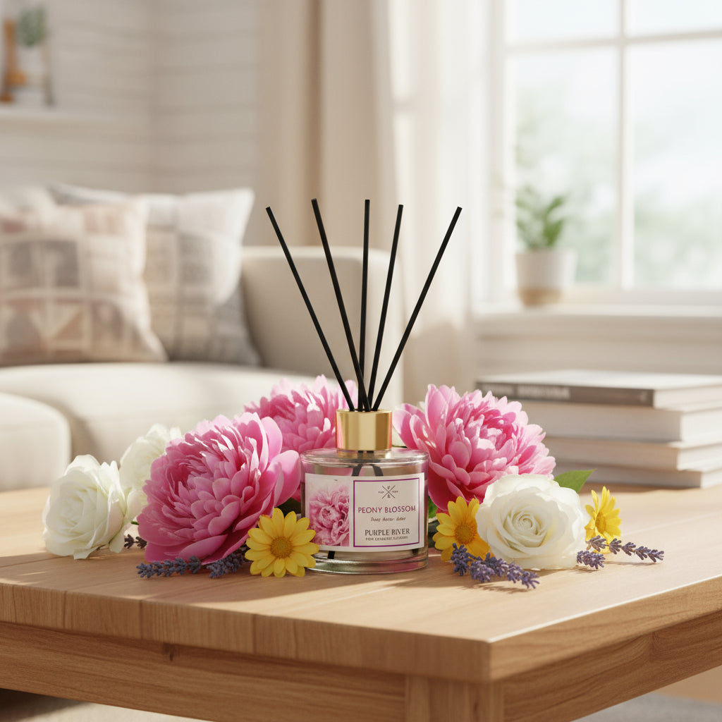 Purple River Raumduft (100 ml) mit schwarzen Schilfstäbchen und goldener Kappe auf einem hölzernen Couchtisch in einem gemütlichen Wohnzimmer, umgeben von zahlreichen bunten Blumen; hochwertiger Duft mit bis zu 6 Wochen Duftdauer, ideal als stilvolle Dekoration und luxuriöses Wellness-Geschenk, gefertigt in Deutschland.