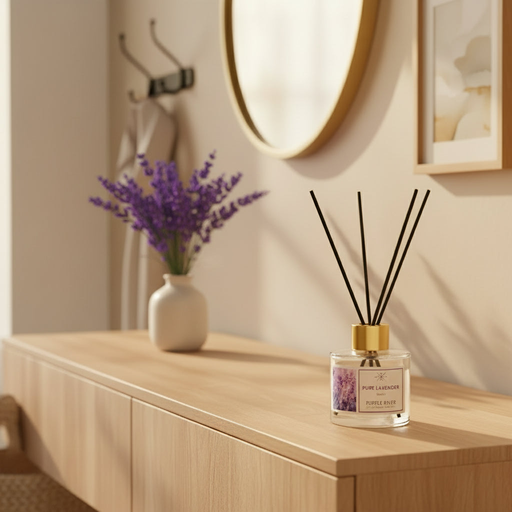 Purple River Raumduft (100 ml) mit schwarzen Schilfstäbchen und goldener Kappe auf einer Kommode in einem stilvoll eingerichteten Flur, zusammen mit einem Lavendelstrauch; hochwertiger Duft mit bis zu 6 Wochen Duftdauer, ideal als stilvolle Dekoration und luxuriöses Wellness-Geschenk, gefertigt in Deutschland.
