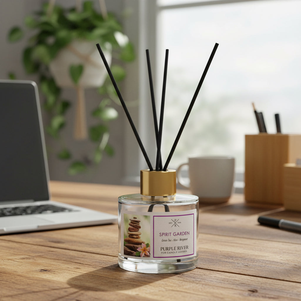 Purple River Raumduft (100 ml) mit schwarzen Schilfstäbchen und goldener Kappe auf einem Schreibtisch in einem Arbeitszimmer, hinter dem ein geöffneter Laptop und eine Kaffeetasse stehen; hochwertiger Duft mit bis zu 6 Wochen Duftdauer, ideal als stilvolle Dekoration und luxuriöses Wellness-Geschenk, gefertigt in Deutschland.