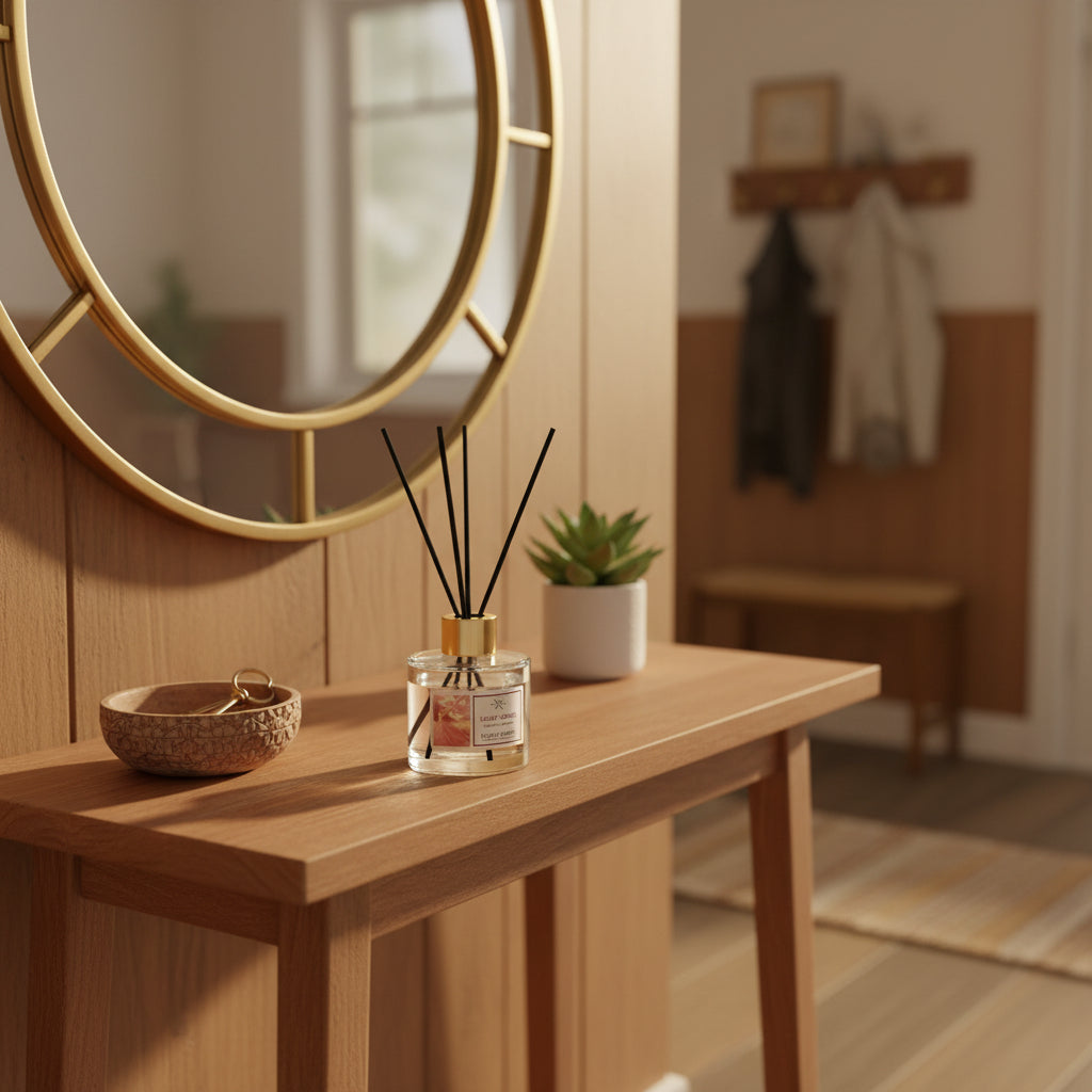 Purple River Raumduft (100 ml) mit schwarzen Schilfstäbchen und goldener Kappe im natürlichen, gemütlichen Eingangsbereich eines Einfamilienhauses; hochwertiger Raumduft mit bis zu 6 Wochen Duftdauer, ideal als stilvolle Dekoration und luxuriöses Wellness-Geschenk, gefertigt in Deutschland.