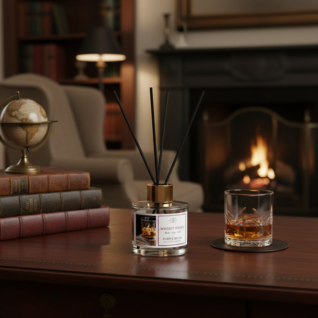 Purple River Raumduft (100 ml) mit schwarzen Schilfstäbchen und goldener Kappe in Nahaufnahme, arrangiert in einem gemütlichen Herrenzimmer mit Kamin, Whiskyglas, Büchern und kleinem Globus als stilvolle, luxuriöse Dekoration; hochwertiger Duft mit bis zu 6 Wochen Duftdauer, gefertigt in Deutschland.