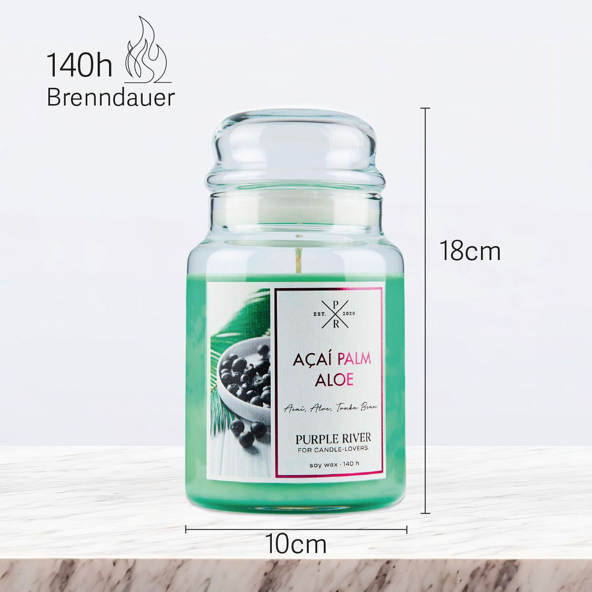 Vegane Premium-Sojawachs-Duftkerze ‚Acai Palm Aloe‘ von Purple River (623g). Nachhaltige Kerze im Glas mit extralanger 140h-Brenndauer, Höhe 18cm & Breite 10cm. Hochwertige Wellness-Deko, Made in Germany.
